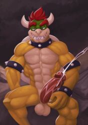 1boy abs anthro anthrofied balls ballsack bara bedroom_eyes bowser cum erection hands-free handsfree_ejaculation kittikary looking_at_viewer male male_only mario_(series) muscular muscular_anthro muscular_male nintendo orgasm outdoors pecs pectorals penis penis_out sitting smile solo teeth testicles