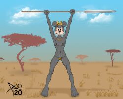 absurd_res accessory alternate_body_type anthro black_nipples clenched_teeth clothed clothing disney female hair_accessory hair_ribbon hi_res jewelry leopard_spots melee_weapon minnie_mouse necklace nipples polearm ribbons savanna solo spear spots teeth topless topless_female tribal_clothing weapon zagzagel