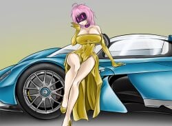 1girls alternate_version_available brainwashed brainwashing bzurrf car crystal_(lewd-zko) dress elbow_gloves gloves hypnosis mind_control pink_hair ponytail tech_control tinted_eyewear visor z-tech_(lewd-zko)