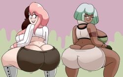 2022 2girls ass ass_cleavage big_ass boots butt_crack clothing daisy-pink71 dark-skinned_female emerald_sustrai female female_only heterochromia hotpants huge_ass looking_at_viewer looking_back midriff neo_(rwby) red_eyes rwby shorts smile thick_thighs twerking twerkoff two_tone_hair