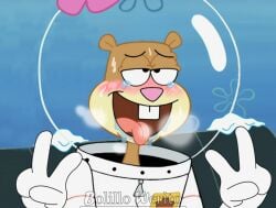 absurd_res accurate_art_style ahe_gao bodily_fluids bolillo_werito cum cum_on_face double_v female genital_fluids gesture hi_res mammal nickelodeon rodent sandy_cheeks sciurid solo spongebob_squarepants straight_hair tongue tongue_out v