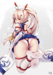 ayanami_(azur_lane) azur_lane back bare_shoulders blue_sailor_collar blue_skirt blush bondage bondage bound crop_top eyebrows_visible_through_hair female foot_focus gag gradient gradient_background hair_between_eyes hair_ornament headgear high_ponytail highres long_hair looking_at_viewer panties pleated_skirt ponytail red_eyes sailor_collar school_uniform shirt sidelocks skirt soles solo thighhighs underwear white_legwear white_panties white_shirt yellow_neckwear yiduan_zhu