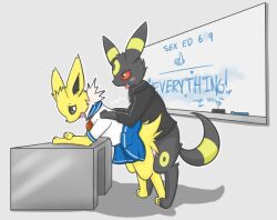 1boy 1girls classroom eeveelution freebre furry jolteon penetration pokemon pokemon_(species) school school_uniform schoolgirl sex sex_education tagme trash umbreon