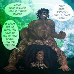 2boys abs animasanimus big_hero_6 big_nipples crossover dark-skinned_male dark_nipples dark_skin disney english_text gay male male_only marvel marvel_comics maui moana muscles muscular muscular_male nipples nude tattoo text wasabi-no-ginger yaoi