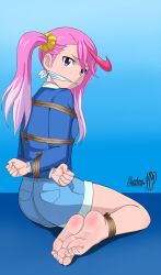 absurdres ass barefoot blue_eyes body_blush bondage bound bound_ankles bound_wrists cleave_gag cloth_gag digimon digimon_universe:_appli_monsters eri_karan eyebrows_visible_through_hair female foot_focus gag gagged highres human improvised_gag looking_back multicolored_hair pink_hair rope scrunchie shadow-xcp shorts twintails