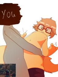 anon anonymous orange_hair orange_tail rec_room rec_room_avatar red_glasses sex snoodles_(rec_room) square_glasses thick_thighs thigh_highs white_background y/n