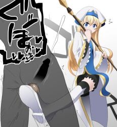 ballbusting ballbusting_orgasm boots clothed_female_nude_male cock_and_ball_torture cum femdom garasuhokou goblin_slayer kick_in_the_balls kicking priestess priestess_(goblin_slayer) prwtrs shoes stockings