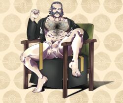 1boy abs balls_outline bara barabroz body_hair bulge facial_hair flaccid fundoshi gay grey_hair hairy_male human kamado_(pokemon) male male_nipples male_only manly masculine mature_male muscles muscular_male mustache nintendo npc_trainer pecs penis pokemon pokemon_legends:_arceus solo spreading