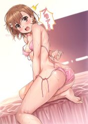 !! 1girls 2022 :o ahoge artist_name ass bikini blush breasts brown_eyes brown_hair dat_ass embarrassed from_behind hair_flower hair_ornament hairpin isshi_pyuma looking_at_viewer looking_back lotion misaka_mikoto open_mouth pink_bikini shiny shiny_hair shiny_skin short_hair small_breasts solo solo_female string_bikini sunscreen sweat swimsuit teenage_girl teenager to_aru_kagaku_no_railgun to_aru_majutsu_no_index toes untied untied_bikini wardrobe_malfunction young