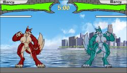 alternate_color animal_genitalia anthro balls big_balls big_breasts breasts canid canine city city_background duo fighting_game fighting_pose fully_sheathed fur futanari gameplay_mechanics genitals green_body green_fur gynomorph health_bar hi_res intersex mammal marcy's_lewd_images marcy_(marcy's_lewd_images) multicolored_body multicolored_fur muscular muscular_gynomorph muscular_intersex pose red_body red_fur sheath thick_thighs timer two_tone_body two_tone_fur unusual_eyes video_games were werecanid werecanine werewolf