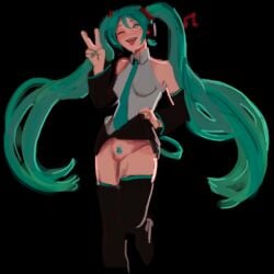 backlighting blush bottomless exhibitionism hatsune_miku headphones heart-shaped_pupils human humanoid_genitalia humanoid_pussy kozauv no_panties peace_sign pubic_hair public public_exposure puffy_pussy pussy singing skirt_lift thighhighs tongue_out twintails v vocaloid wink