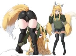 1girls arms_up ass ass_focus ass_shot ass_up bent_over blonde_fur blonde_hair blue_eyes booty_shorts butt_focus butt_shot cameltoe camouflage_jacket character_request cheeky clothed clothed_female clothing copyright_request cowlick curled_fingers devious devious_smile female female_focus female_only fluf.p fox_ears fox_girl fox_tail hands_up jacket long_hair long_sleeves long_socks looking_at_viewer looking_back military_boots military_jacket multiple_artists on_display only_female open_mouth petite pussy pussy_visible_through_clothes shirt_lift short short_shorts shorts small_ass small_breasts small_butt smaller_female soft soft_tail spats squish squishy stomach teasing thighhighs thighs tight_clothing tight_fit tight_pants tight_pussy vagina white_fur