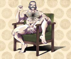 1boy abs balls_outline bara barabroz body_hair bulge facial_hair flaccid fundoshi fundoshi_only gay grey_hair hairy hairy_male human kamado_(pokemon) male male_nipples male_only manly masculine mature_male muscles muscular_male mustache nintendo npc_trainer pecs penis pokemon pokemon_legends:_arceus solo spreading