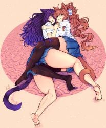 2girls barefoot black_legwear blue_skirt blush breast_squish breast_to_breast breasts brown_hair cat_ears cat_tail catgirl clothed clothing crunnix cuddle cuddling doki_doki_literature_club embrace embracing female_focus female_only furry grabbing_arm green_eyes holding intimate intimate_exchange legs_wrapped_around_partner long_hair long_tail long_tails looking_at_viewer lying_down lying_on_floor lying_on_side monika_(doki_doki_literature_club) purple_eyes purple_hair seductive seductive_eyes seductive_look seductive_mouth seductive_smile skirt stretched_clothing tail_play tail_wrapped tail_wrapped_around_legs tail_wrapping thick_thighs thighhighs white_bow white_shirt wide_hips wide_thighs yuri yuri_(doki_doki_literature_club)