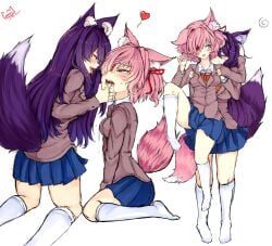 animal_ears animal_tail bare_thighs begging begging_for_more begging_pose bent_ear bent_knees blank_background blazer blue_skirt blush clenched_hand closed_mouth clothed crouching crunnix doki_doki_literature_club drooling drooling_on_partner ear_tuft fangs female_focus female_only foreplay fox fox_ears fox_girl fox_tail fully_clothed hair_ribbon hands_between_legs hands_in_lap heart held_up holding_head holding_mouth_open holding_up horny horny_female kneeling large_breasts leg_in_air leg_up long_hair long_sleeves long_socks looking_at_another looking_into_eyes looking_pleasured lust lustful_energy lustful_gaze multiple_girls natsuki_(doki_doki_literature_club) open_mouth pink_eyes pink_hair pink_tail purple_eyes purple_hair purple_tail red_ribbon ribbon school_uniform seduction seductive_eyes seductive_look seductive_mouth seductive_pose seductive_smile short_hair short_skirt shorter_female skirt small_breasts small_waist smirk smirking standing staring staring_at_another striped_fur tail taller_female taller_girl teasing thighs tongue tongue_out tongue_play white_socks wide_hips yuri yuri_(doki_doki_literature_club)