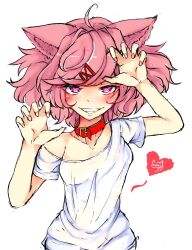 1girls arms_up baggy_clothing baggy_shirt bare_shoulders blush cat_ears cat_girl catgirl collar collarbone crunnix curled_fingers doki_doki_literature_club female female_only fingernails hair_ribbon hands_up heart loose_clothes loose_shirt nail_polish natsuki_(doki_doki_literature_club) no_bra petite pink_eyes pink_hair pink_nails plain_background red_collar red_ribbon seductive_eyes seductive_gaze seductive_mouth seductive_smile sly small_breasts small_waist smile smirk smirking solo waist_up white_shirt wide_hips