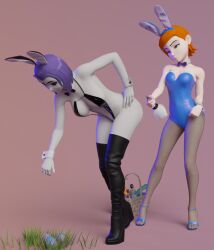 2girls 3d 3d_(artwork) aged_up ben_10 big_ass big_breasts big_butt boots breasts bunny_ears bunny_girl bunny_tail bunnysuit cartoon_network crossover daz3d daz_studio dc dc_comics easter female_only gwen_tennyson high_heels multiple_girls pin3d rachel_roth raven raven_(dc) sling_bikini teen_titans