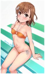 1girls 2021 alternate_costume artist_name bangs bare_arms bare_legs bare_shoulders bikini blush breasts brown_eyes brown_hair collarbone eyebrows_visible_through_hair feet_out_of_frame female_focus flower hair_flower hair_ornament isshi_pyuma looking_at_viewer medium_hair misaka_mikoto navel orange_bikini side-tie_bikini simple_background sitting solo solo_female string_bikini swimsuit teenage_girl teenager to_aru_kagaku_no_railgun to_aru_majutsu_no_index upscaled white_background young