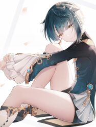 1boy androgynous blue_hair clothing femboy genshin_impact infinity_(kkx132) legs looking_at_viewer male male_focus male_only short_shorts shorts smile thick_thighs thighs xingqiu_(genshin_impact) yellow_eyes