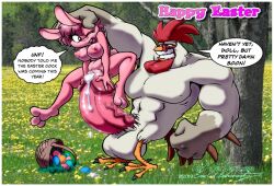 2019 abs anthro avian balls basket big_balls big_penis bird bodily_fluids breasts chicken container cum cum_drip cum_on_penis dialogue digital_media_(artwork) dripping duo easter easter_egg english_text eric_schwartz feathers female fur galliform gallus_(genus) genital_fluids genitals grin hindpaw holidays huge_balls huge_cock humanoid_hands hyper hyper_balls hyper_genitalia hyper_penis it'll_never_fit lagomorph leporid male male/female mammal muscular muscular_anthro muscular_male navel nipples nude paws pecs penis penis_on_pussy phasianid pink_body pink_fur pussy rabbit signature smile speech_bubble standing teeth text toothy_grin white_body white_feathers