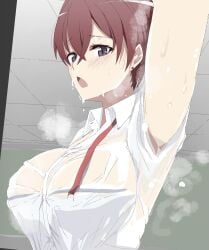 annoyed arm_up armpit_fetish armpit_focus big_breasts blush ceiling_tiles eyebrows eyebrows_visible_through_hair eyelashes eyelashes_visible_through_hair grey_eyes looking_at_viewer my_teen_romantic_comedy_snafu no_bra no_bra_under_clothes open_mouth red_hair sagami_minami school_uniform schoolgirl smell soaked soaked_clothes sweat sweatdrop sweating sweating_profusely undone_tie wrinkles_in_clothes ze_r0_ze_r0