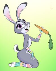 anthro birchly breasts buckteeth carrot clothing disney easter female food gloves handwear hi_res holidays judy_hopps kneeling lagomorph legwear leporid mammal mostly_nude nipples plant rabbit side_boob small_breasts smile solo stockings teeth thick_thighs vegetable zootopia