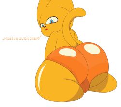 2022 alpog21_(artist) anthro ass balls big_butt blue_eyes clothing digital_media_(artwork) domestic_cat ears_up felid feline felis genitals hi_res looking_at_viewer male mammal orange_body orange_clothing orange_ears orange_tail orange_underwear pupils red_pupils short_tail solo trod underwear