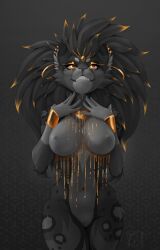 2022 5_fingers amber_eyes anthro black_hair breasts digital_media_(artwork) felid feline female fingers grey_background hair hi_res mammal nude simple_background smile standing teeth yora