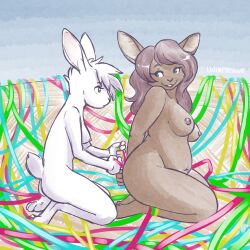 2022 anthro breasts brown_hair digital_media_(artwork) duo feet female fingers green_eyes hair lagomorph leporid mammal nude rabbit smile toes unimpressive