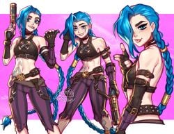 :p adorable arcane arcane_jinx armwear artist_name artist_signature bandage blue_eyes blue_hair blushypixy blushyspicy braid braided_hair braids cute female finger_gun firearm grenade handgun handwear holding_gun holding_object human jinx_(league_of_legends) league_of_legends league_of_legends:_wild_rift long_hair long_hair_female nails pale_skin pink_background powder_(arcane) ripped_clothes ripped_clothing ripped_pants schizophrenia shooting signature smile smiling smiling_at_viewer tattoo tattoo_on_arm tattoo_on_chest tattoo_on_waist watermark weapon white_stripes