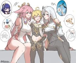 1boy 4girls aether_(genshin_impact) age_difference akazuan_19 ara_ara baby big_breasts blonde_hair blush braids crane_(bird) earrings fox_ears fox_girl genshin_impact hair_ornament heat hips long_hair pink_hair raiden_shogun rings sandwiched shenhe_(genshin_impact) sitting taller_girl thoughts vision_(genshin_impact) white_hair xianyun_(genshin_impact) yae_miko