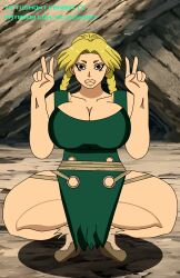 abs alternate_version_at_source alternate_version_available big_breasts big_lips blonde_hair braided_hair clothed dr.stone female_focus green_clothing green_eyes hanada_nikki muscular_female nikki_(dr.stone) peace_sign puffy_lips sole_female squatting thick_thighs victusmont wide_hips