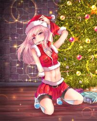 1girls abs arms_behind_back bare_midriff belt bike_shorts black_belt black_legwear breasts candy_cane candy_cane_in_mouth christmas christmas_tree crouching crunnix detailed_background doki_doki_literature_club female female_only fluffy_clothing hair_ribbon hand_on_head healthy jacket knee_socks kneehighs kneesocks lens_flare long_hair looking_at_viewer natsuki_(doki_doki_literature_club) navel navel_line petite petite_body pink_eyes pink_hair red_ribbon red_skirt ribbon santa_costume santa_hat santa_jacket school_shoes seductive seductive_eyes seductive_look skirt slim slim_girl slim_waist small_breasts small_waist smaller_female socks solo spats spats_under_skirt thighs toned toned_female uwabaki white_bow white_socks