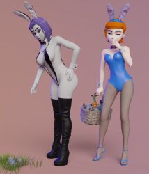 2girls 3d 3d_(artwork) aged_up ben_10 big_ass big_breasts big_butt boots breasts bunny_ears bunny_girl bunny_tail bunnysuit cartoon_network crossover daz3d daz_studio dc dc_comics easter female_only gwen_tennyson high_heels multiple_girls pin3d rachel_roth raven raven_(dc) sling_bikini teen_titans