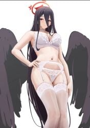 artist_request belly belly_button big_thighs black_hair black_wings blue_archive breasts choker feathered_wings garter_belt halo hand_on_hip hasumi_(blue_archive) large_breasts large_thighs lingerie long_hair looking_at_viewer partially_visible_vulva pubic_hair pubic_hair_visible_through_clothing red_eyes red_halo stockings tagme_(artist) tall tall_female tall_girl thick_thighs thighs trinity_general_school_student very_long_hair white_choker white_lingerie wide_hips wings