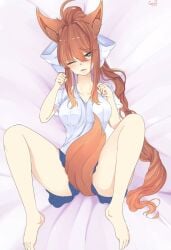 animal_ears animal_tail arms_bent arms_up bare_legs bare_thighs barefoot begging begging_pose bent_knees blue_skirt blush blush blushing_at_viewer brown_hair closed_hands clothed clothing collarbone covered_pussy crunnix doki_doki_literature_club female female_focus female_only furry green_eyes hairbow half-dressed large_thighs legs_apart legs_up long_hair looking_at_viewer lying lying_down lying_on_back lying_on_bed medium_breasts monika_(doki_doki_literature_club) one_eye_closed open_mouth ponytail seductive seductive_eyes seductive_gaze seductive_look seductive_mouth seductive_pose tail tail_between_legs tail_covering_privates thick_thighs white_bow white_shirt wink winking winking_at_viewer wolf wolf_ears wolf_girl wolf_tail