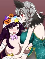 alternate_version_available breasts danganronpa danganronpa_2:_goodbye_despair glasses halloween_costume large_breasts nipples pekoyama_peko purple_eyes purple_hair red_eyes skimpy skimpy_bikini skimpy_clothes sliver_hair straight_hair tai_miso tsumiki_mikan venus_body yuri