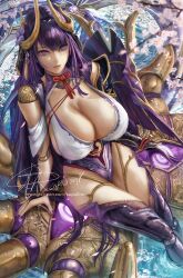 1girls 2022 artist_signature biots breasts cleavage female female_only genshin_impact highleg_leotard hips huge_breasts leotard long_hair purple_eyes purple_hair raiden_shogun raiden_shogun_(magatsu_mitake_narukami_no_mikoto) slim_waist supullim thick_thighs thigh_boots thighs watermark wide_hips