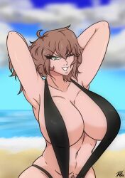 beach big_ass big_breasts bikini brown_hair delicia_(comicomryu) original reddokun