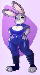 1girls 4_fingers anthro barely_contained big_breasts bunny_ears bunny_girl clothed clothing curvaceous curvy curvy_female disney female furry judy_hopps large_breasts police police_uniform policewoman simple_background solraticart tagme wink winking_at_viewer zootopia