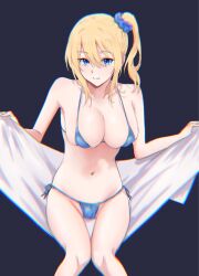 1girls artist_request bare_shoulders big_breasts blonde_hair blue_eyes blue_swimsuit bra breasts collarbone female female_only hair_between_eyes hairband hayasaka_ai highres kaguya-sama_wa_kokurasetai_~tensai-tachi_no_renai_zunousen~ knees_together_feet_apart light-skinned_female looking_at_viewer micro_bikini naked navel nude open_towel panties ponytail presenting side_ponytail solo standing swimsuit swimsuit_only towel