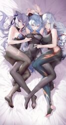 3girls absurdres armpits arms_up ass bangs bare_shoulders bed black_bodysuit blue_hair bodysuit braid breast_grab breasts brown_bodysuit cameltoe clothing_cutout collared_dress curled_horns double_bun dress feet female ganyu_(genshin_impact) genshin_impact goat_horns groping hair_cones hair_ears hair_over_one_eye haku89 highres horns human jpeg keqing_(genshin_impact) keqing_(opulent_splendor)_(genshin_impact) large_breasts long_hair looking_at_viewer low_ponytail medium_breasts multicolored_eyes multiple_girls navel_visible_through_clothes nipples no_shoes on_bed pantyhose purple_dress purple_eyes purple_hair shenhe_(genshin_impact) side_cutout soles spread_legs thigh_cutout