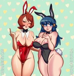 2girls akari_(pokemon) alternate_breast_size arezu_(pokemon) awadeuwum big_breasts breasts bunny_ears bunny_girl bunnysuit curvaceous curvy curvy_body curvy_female curvy_figure deareditor female female_focus huge_breasts large_breasts long_hair multiple_girls pokemon pokemon_legends:_arceus short_hair thick_thighs thighs voluptuous