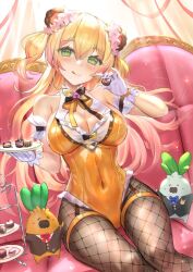 1girls 2d 2d_(artwork) atai_(artist) big_breasts bodysuit bunnysuit cleavage eyebrows_visible_through_hair female female_focus female_only fishnet fishnet_legwear fishnets garter_belt garter_straps gloves green_eyes hair_bun hololive hololive_gen_5 hololive_japan hourglass_figure leotard long_hair looking_at_viewer momosuzu_nene sitting solo solo_female solo_focus thick_thighs tight_clothing virtual_youtuber