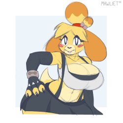 2022 animal_crossing anthro big_breasts breasts cleavage female female_only furry isabelle_(animal_crossing) mawliet nintendo simple_background tifa_lockhart_(cosplay)