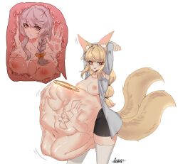 2girls 4kkc angel angel_girl animal_ears areolae belly belly_bulge big_belly blonde_hair breasts clothing female female_only female_pred female_prey fluffy_tail fox_ears fox_girl fox_tail halo huge_breasts large_breasts long_hair monster_girl multiple_girls nipples oral_vore red_eyes renael simple_background skirt stockings tail thick_thighs thighhighs vore white_background white_hair yellow_eyes