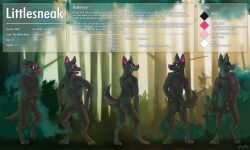 2017 5:3 animal_genitalia anthro ass biped black_body black_ears black_fur black_sheath black_tail canid canine canis color_swatch dated digitigrade english_text eyebrows forest front_view fully_sheathed fur genitals glistening glistening_eyes hi_res looking_back male mammal model_sheet monotone_body monotone_fur outside pink_eyebrows pink_eyes pink_inner_ear pink_nose plant pose rear_view sheath shrub signature solo standing text tree wolf yookie