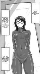 1girls bodysuit breasts emotionless english_text female female_focus female_only glasses hair mirror monochrome naked naked_female nia0122 nude nude_male original_character small_breasts solo solo_female thighs