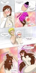 1boy 1girls blonde_hair blue_eyes blush breasts brown_eyes brown_hair comic completely_nude english_text foam hair_growth nipples nude pleasure_face rule_63 shower showering speech_bubble tfsubmissions