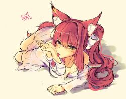 bare_shoulders bare_thighs blank_background blush blush_lines blushing_at_viewer breasts_on_floor brown_hair cleaning cleaning_self cleavage crunnix doki_doki_literature_club ear_tuft fox fox_ears fox_girl fox_tail gold_jewelry gold_necklace green_eyes hairbow half-dressed jewelry kitsune large_shirt licking licking_self looking_at_viewer lying lying_down lying_on_side lying_on_stomach medium_breasts monika_(doki_doki_literature_club) necklace ponytail propped_up seductive seductive_eyes seductive_look seductive_pose sepia shirt shirt_only slq t-shirt tongue tongue_out tshirt warm_lighting white_bow white_shirt wide_hips